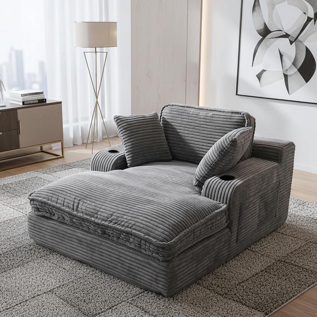 67' Oversized Chaise Lounge Chair Indoor, Soft Boneless Cloud Couch with 3 Pillows, 4 Side Pockets and 2 Cup Holders, Comfy Corduroy Sleeper Couch for Living Room Bedroom