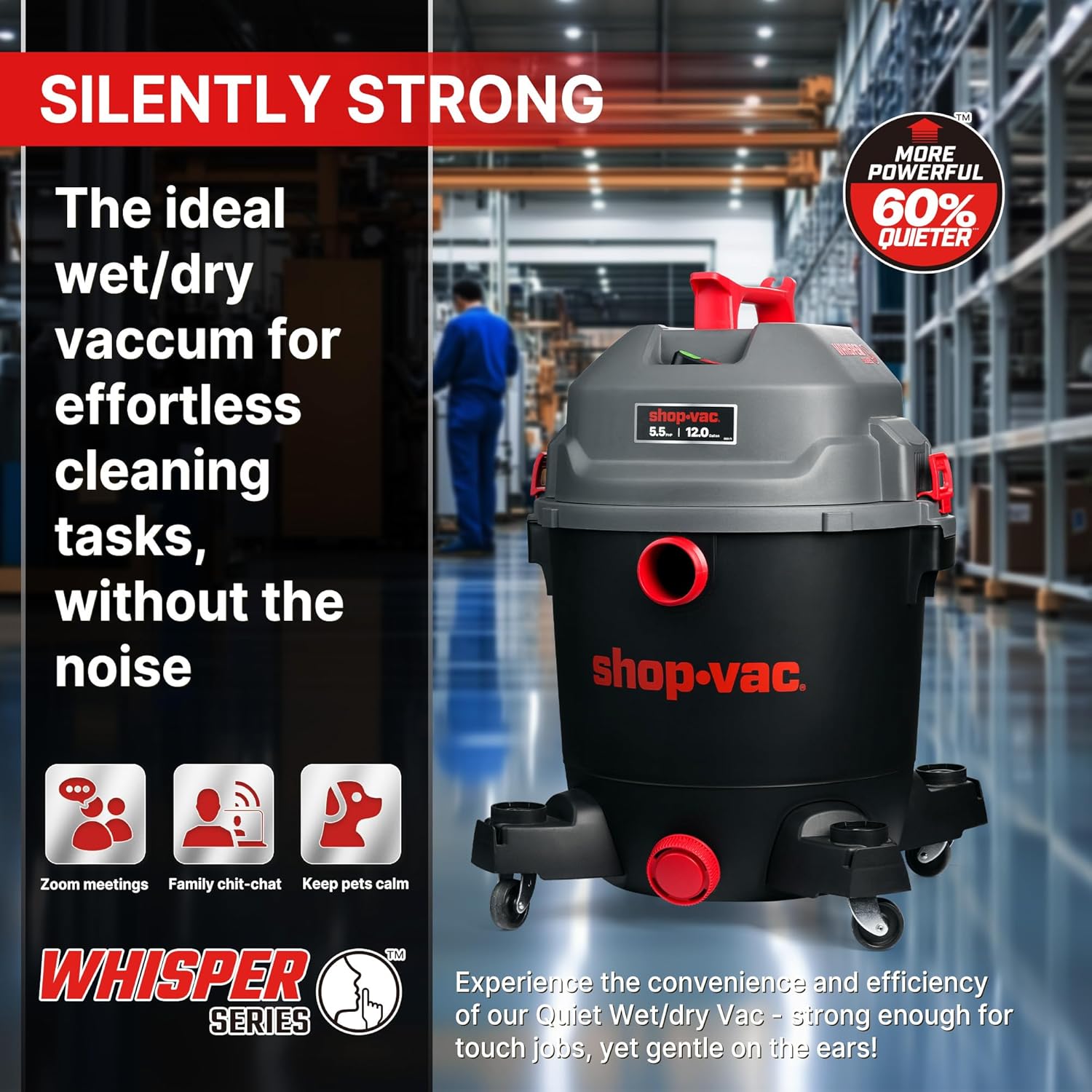 Shop-Vac 5430098 Ultra Quiet Wet/Dry Vacuum, 12 Gallon, 5.5 HP Powerful Suction & Heavy Duty for Jobsite, Garage, Workshop & Home