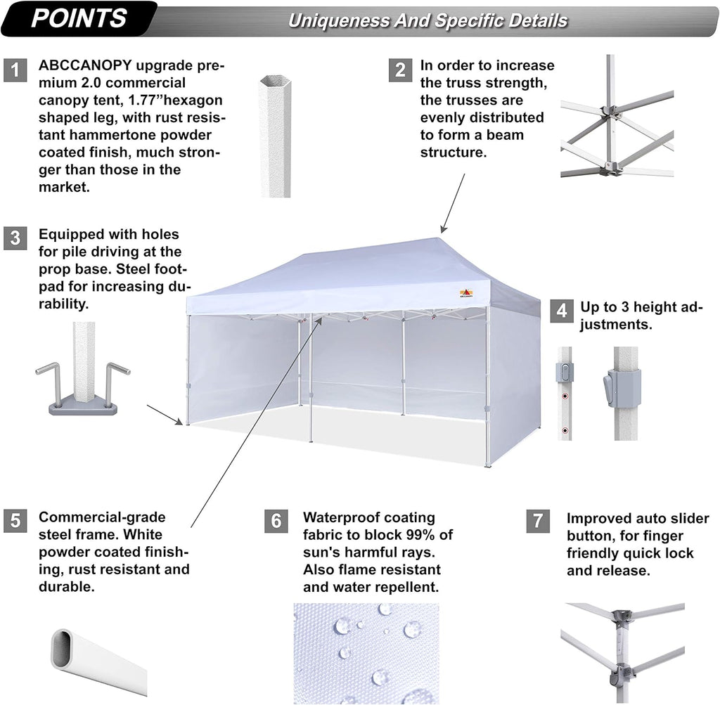 ABCCANOPY 10x20 Pop Up Canopy Tent Commercial Instant Outdoor Canopy Premium-Series with 3 Sidewalls and Hexagonal Legs,White