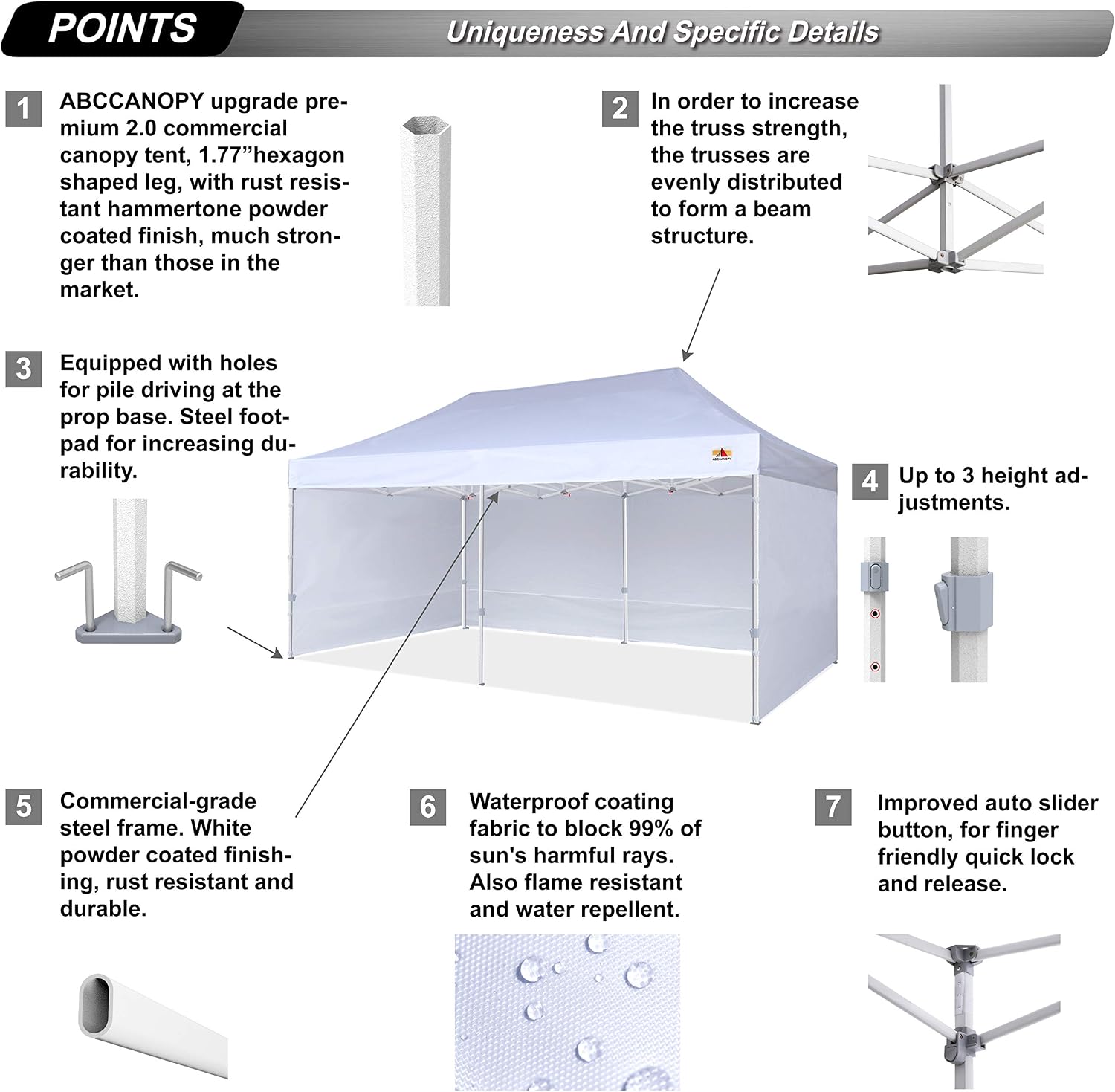 ABCCANOPY 10x20 Pop Up Canopy Tent Commercial Instant Outdoor Canopy Premium-Series with 3 Sidewalls and Hexagonal Legs,White