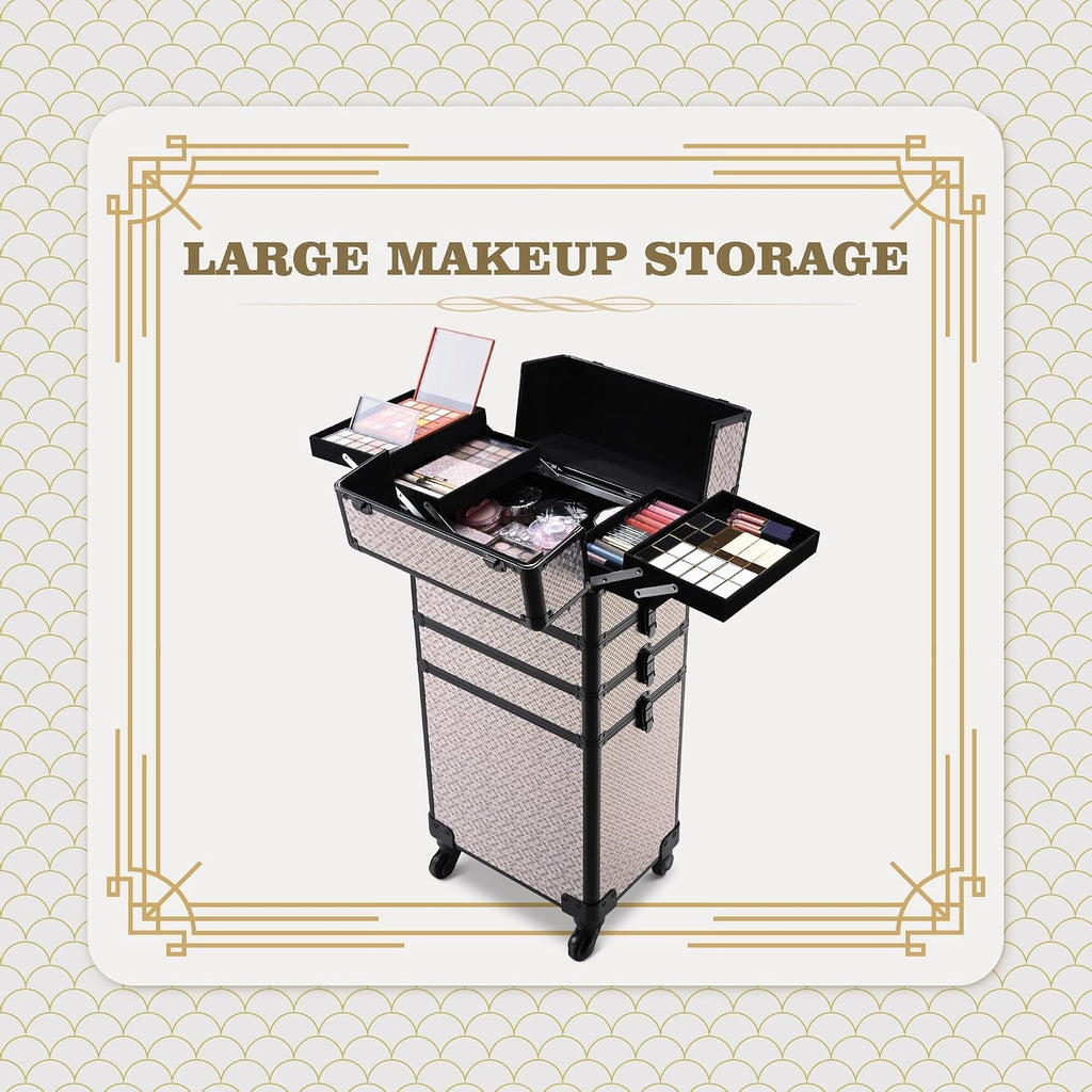 BYOOTIQUE 4in1 Rolling Makeup Case Large Cosmetology Case on Wheels,Easy Access Cosmetic Organizer Travel Case for Makeup Artist Hairstylist,Art Deco Graphite