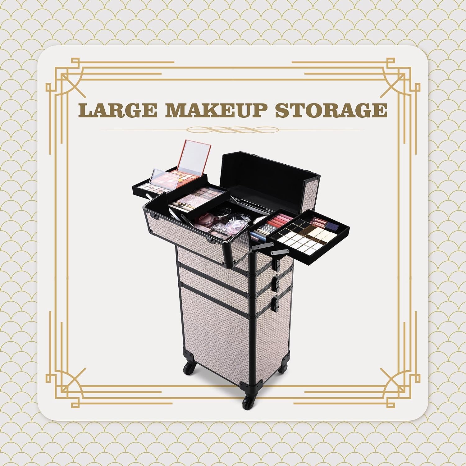 BYOOTIQUE 4in1 Rolling Makeup Case Large Cosmetology Case on Wheels,Easy Access Cosmetic Organizer Travel Case for Makeup Artist Hairstylist,Art Deco Graphite