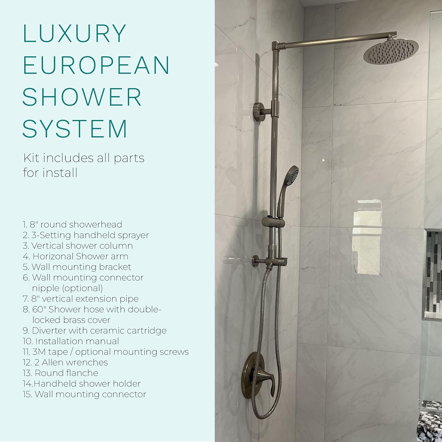 Fennocasa Polaris 3 Retrofit Rain Shower System, 3-Setting Handheld Shower Combo with Slide Bar, 8' Low Profile Shower Head (2.5 GPM Brushed Nickel)