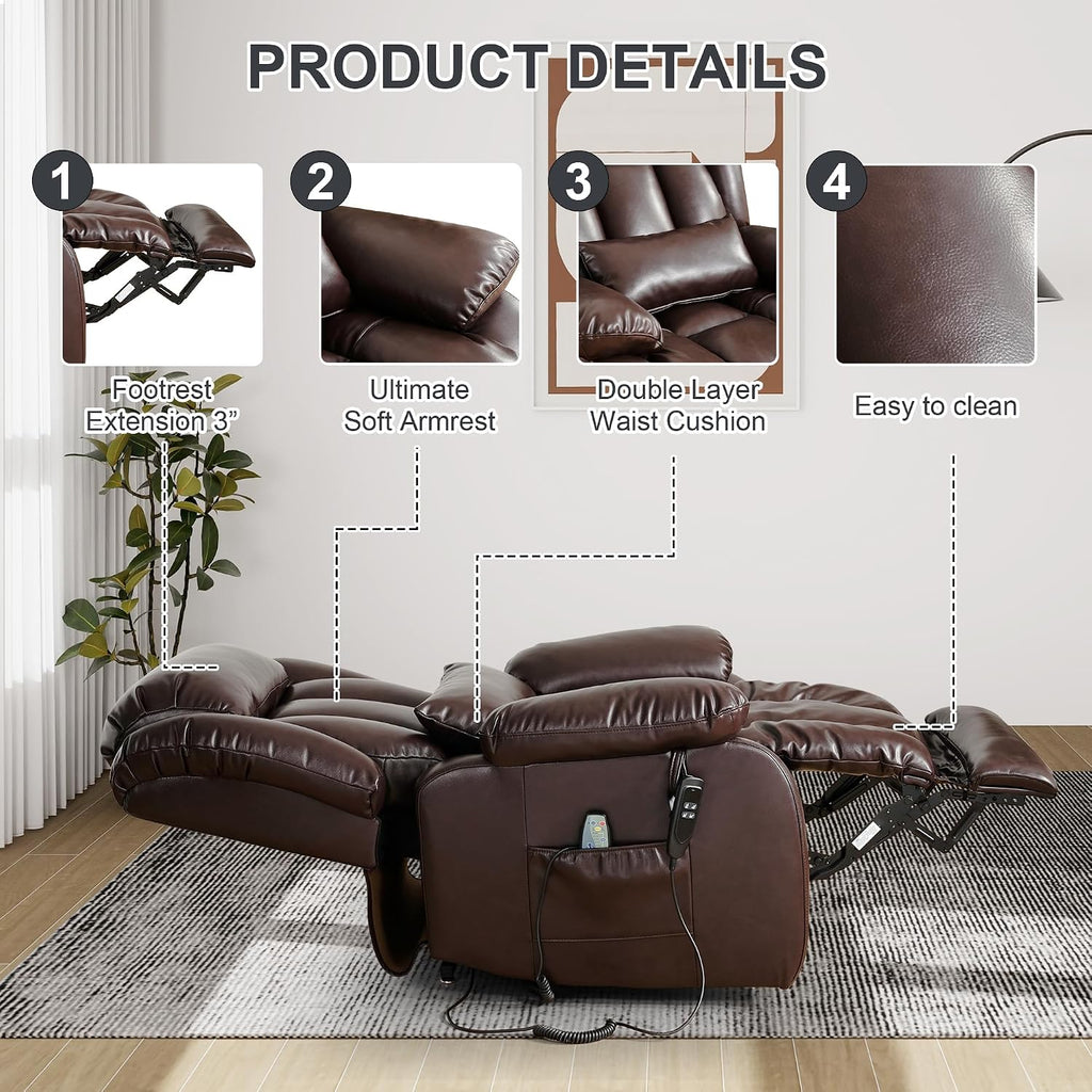 EDILLY Large Genuine Leather Power Lift Recliner Chair for Elderly, Dual Motor with Massage and Heating,with Double Lumbar Cushion and Extended Footrest,USB Port and Remote(Brown)