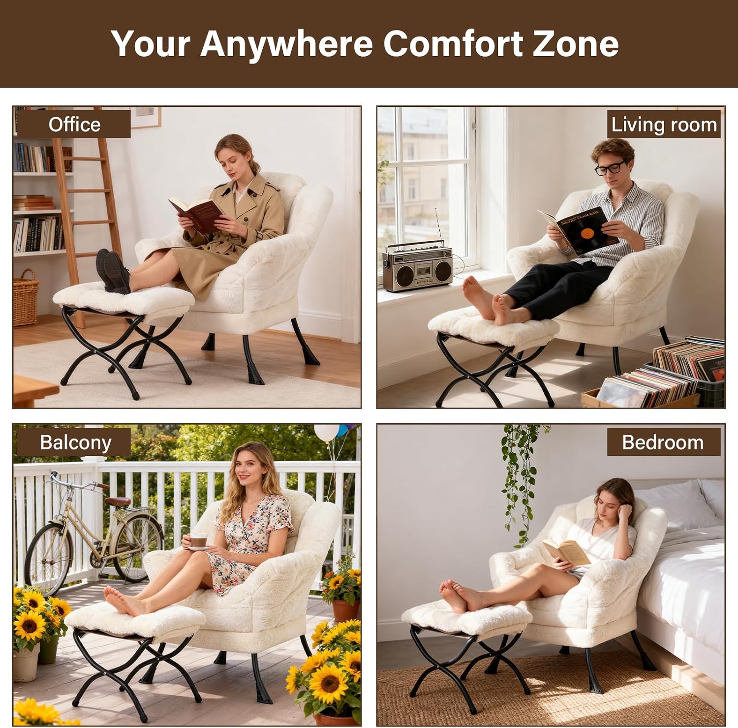 Welnow Lazy Chair with Ottoman, Modern Accent Chair with Armrests and a Side Pocket, Leisure Sofa Armchair, Reading Armchair with Footrest for Small Space, Plush Beige