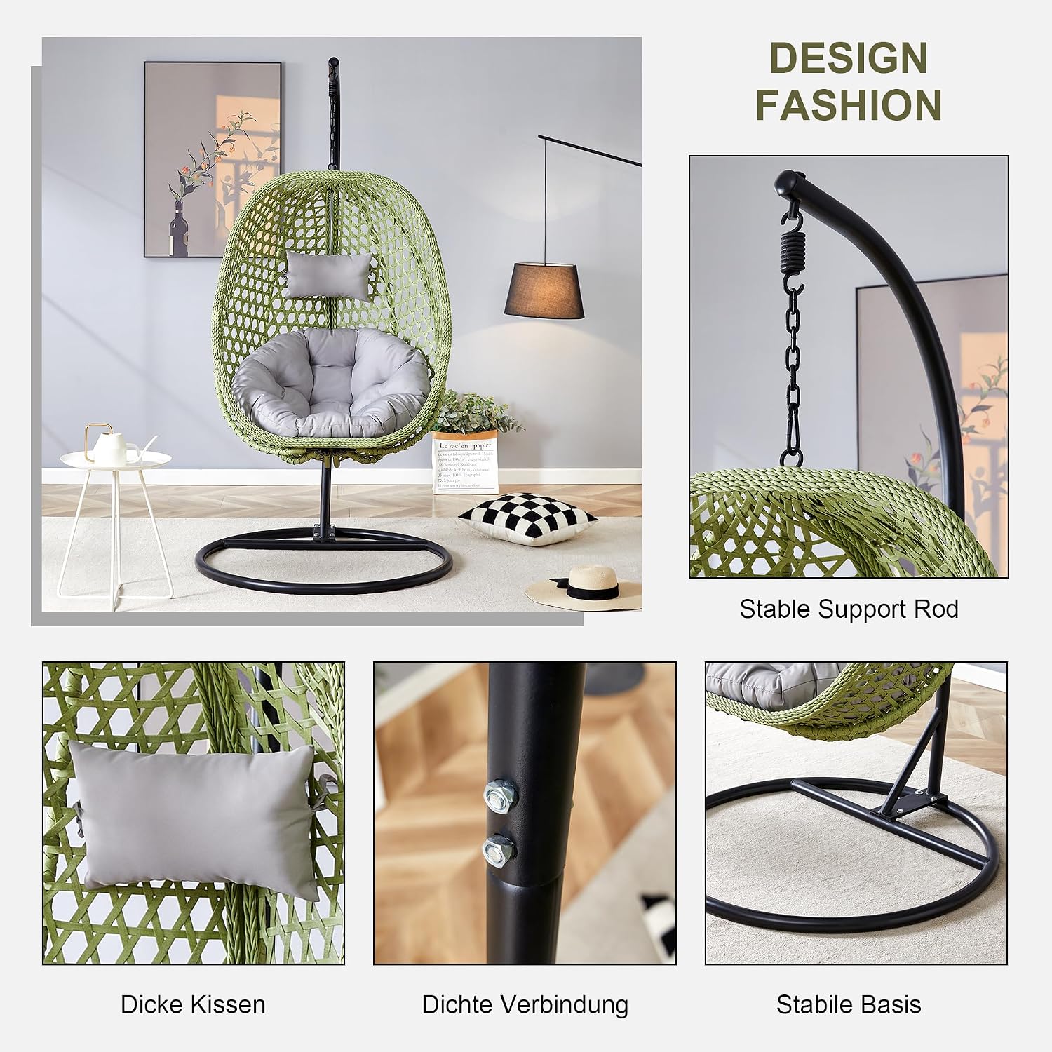 Egg Swing Chair with Stand,Swing Egg Chair with Stand, Green Rattan Hanging Egg with Soft Cushion, Outdoor Hanging with Foldable Basket and Metal Stand for Bedroom Patio