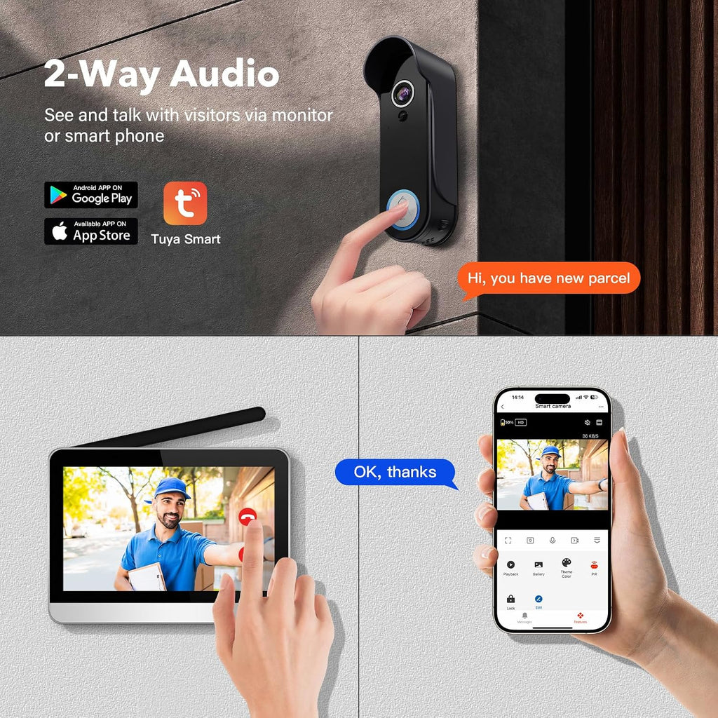 Wireless Doorbell Camera with 7' Touchscreen Monitor, 1080P Video Door Phone Intercom System WiFi, PIR Motion Detection, Local Storage, No Monthly Fee, 2-Way Audio, Night Vision, Tuya App Control