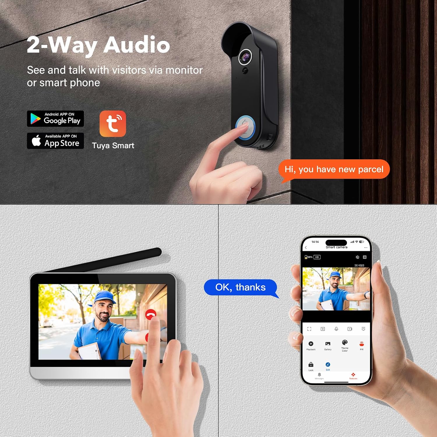 Wireless Doorbell Camera with 7' Touchscreen Monitor, 1080P Video Door Phone Intercom System WiFi, PIR Motion Detection, Local Storage, No Monthly Fee, 2-Way Audio, Night Vision, Tuya App Control