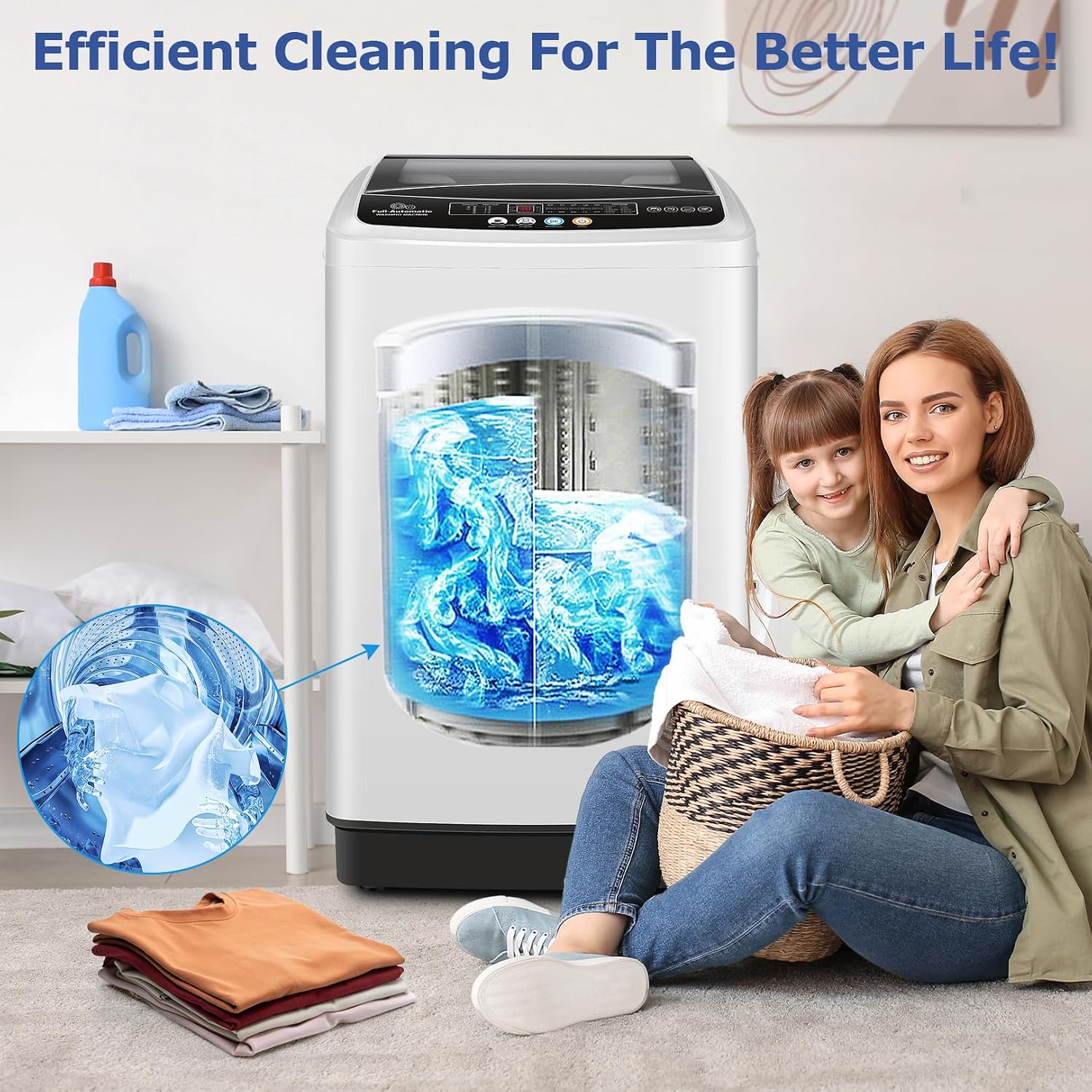 Nictemaw Portable Washing Machine, 20Lbs Capacity Portable Washer Machine with Drain Pump, 10 Wash Programs 8 Water Levels, 2.8 Cu.ft Compact Laundry Machine for Apartments-Slow-Close Glass Cover