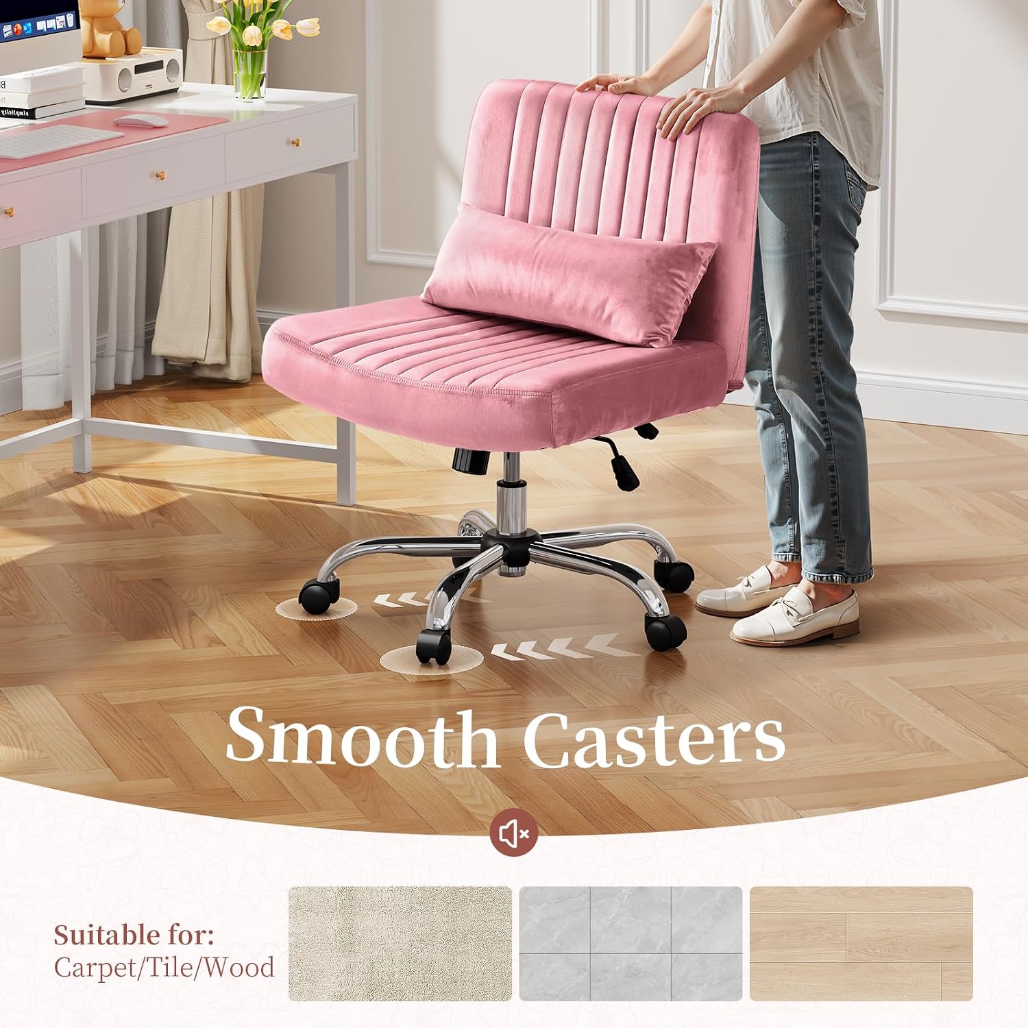 Warmiehomy Velvet Criss Cross Desk Chair with Wheels, Luxury Cross Legged Office Chairs for Home Office, Swivel Wide Seat Vanity Chair, Armless Adjustable Height Gaming Chair Gift, Dusty Rose
