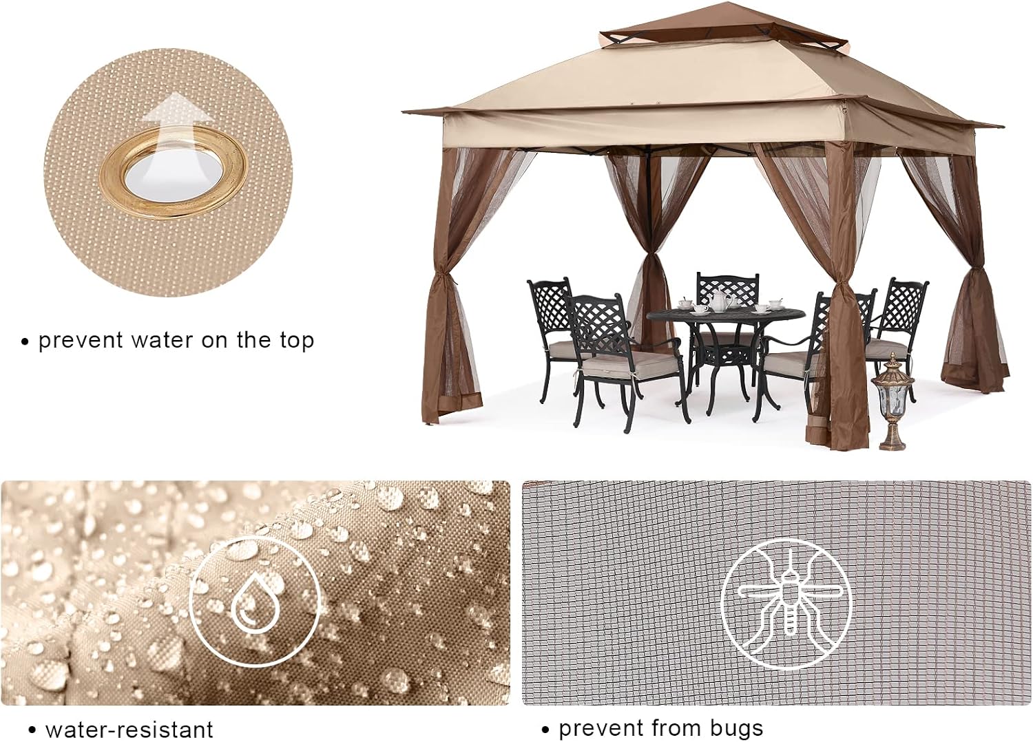 MASTERCANOPY Patio Gazebo Outdoor Pop Up Gazebo with Mesh Walls (11x11,Champagne)