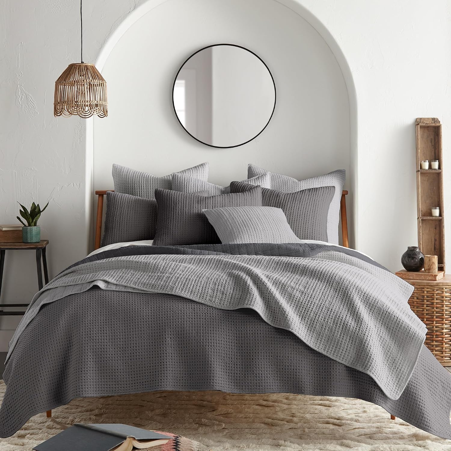 Levtex Home Mills Waffle Full/Queen Quilt Set (88x92in) with 2 Pillow Shams (26x20in) - Charcoal - 100% Cotton Full/Queen Size Quilt Bedding Set - Lightweight, Soft, Pre-Washed