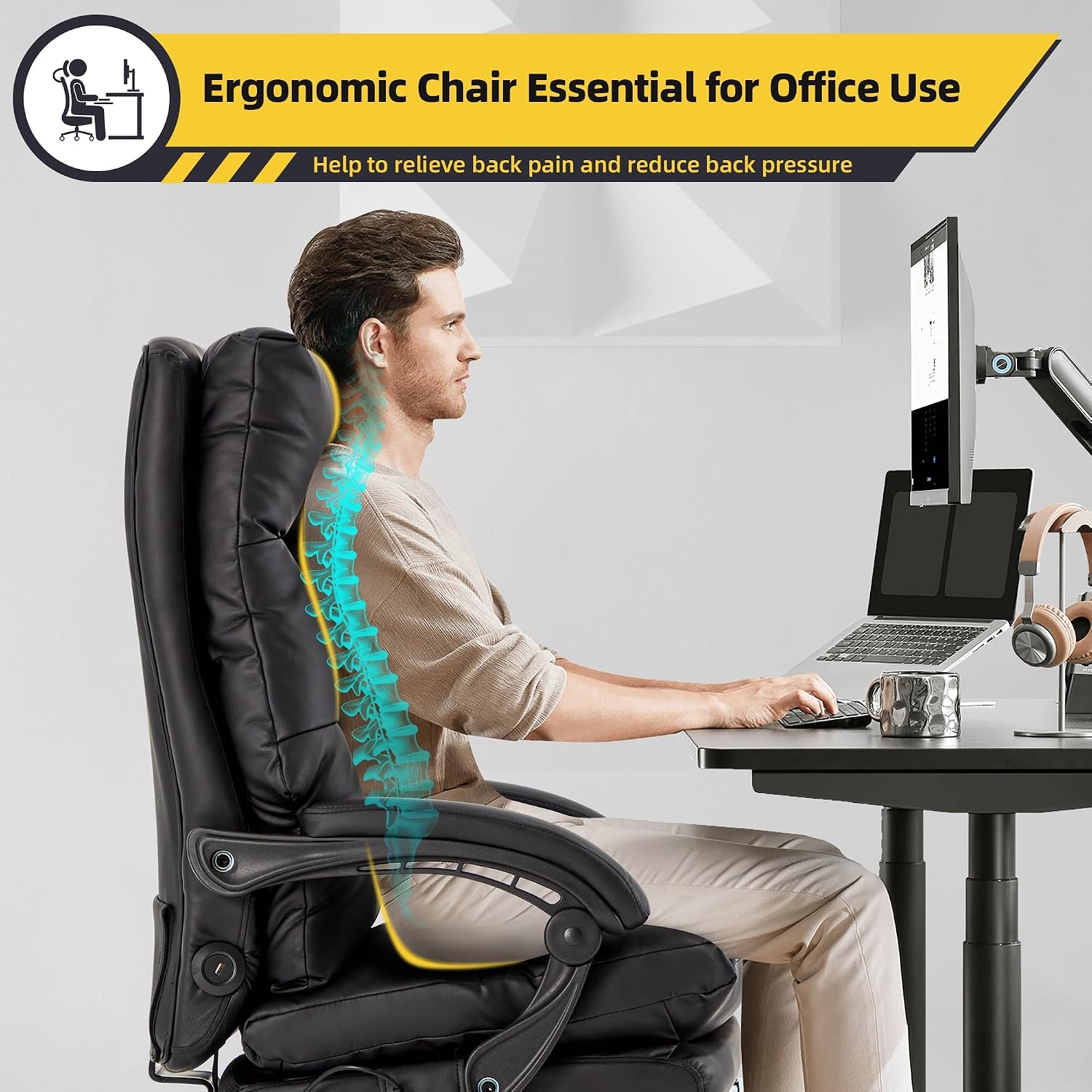 HOMREST Ergonomic Heated Reclining Office Chair with USB Charging, 4-Point Vibration Massage, Adjustable Armrests, and Footrest Premium Leather Desk Chair for Home and Office - Black