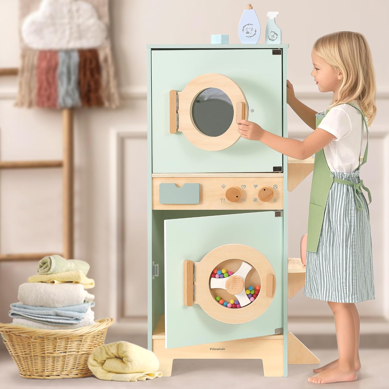 Pillowhale Wooden Washer-Dryer Playset for Kids – 2-in-1 Laundry Center Toy, Dual-Opening Doors, Spinning Drum & Click-Knobs, Basket + Iron Accessories – Montessori Pretend Play Gift Ages 3-6