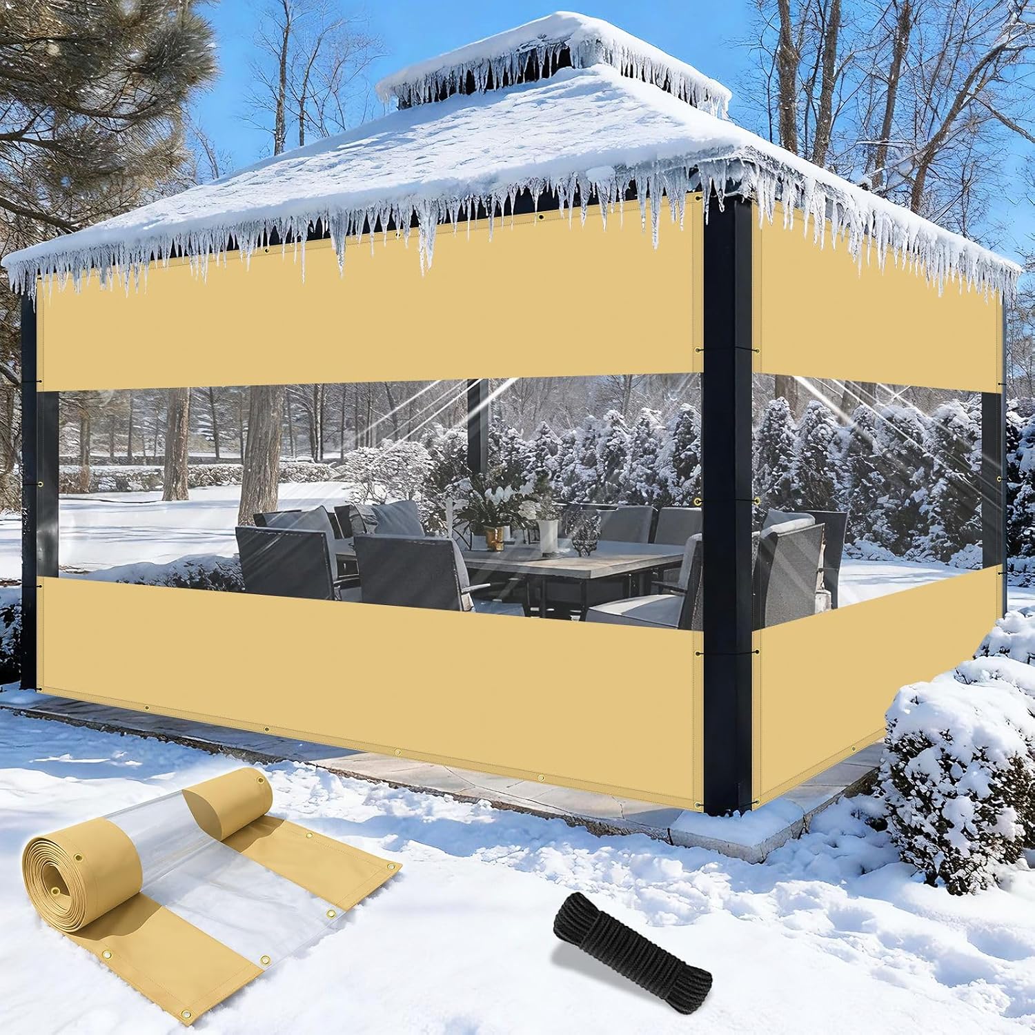 Shade&Beyond Outdoor Vinyl Curtain Customized Size, 10'W x 8'L Heavy-Duty Waterproof Clear Panel with Grommets, Privacy Clear Tarp UV-Resistant for Patio Enclosure Pergola Porch Gazebos, Beige