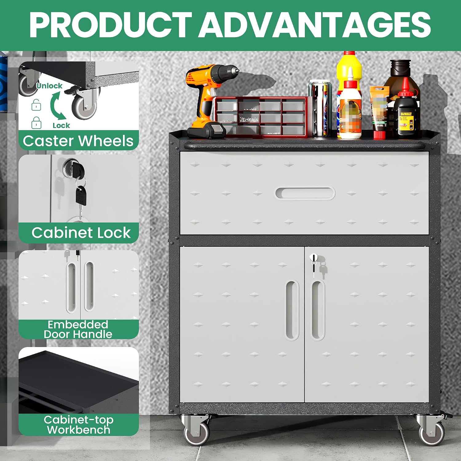 Garage Cabinets,Metal Garage Storage Cabinet with Wheels,Lockable Rolling Tool Cabinet with Drawer and Adjustable Shelves,Heavy Duty Tools Cabinet for Home Office Utility Room,Black/Grey