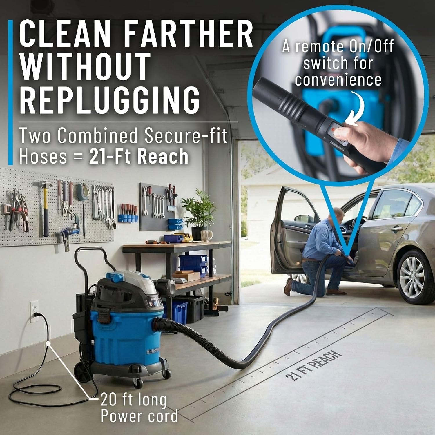 Channellock Shop Wet Dry Vacuum 5Gal 5Hp Wall Mount Vac - Remote Control, Wheels, Foam Filter - 5 Gal