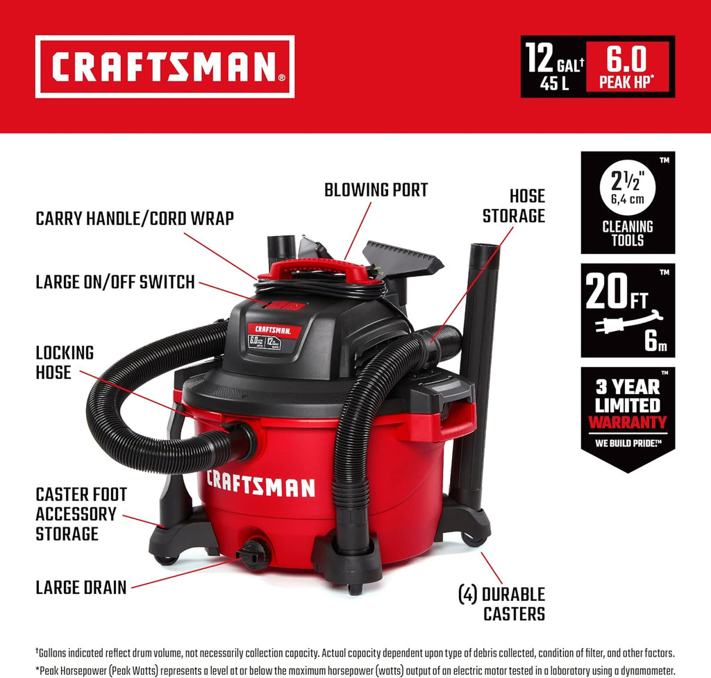 CRAFTSMAN CMXEVBE17594 12 Gallon 6.0 Peak HP Wet Dry Vac, Portable Shop Vacuum Wet and Dry with Two Filters, Dust Bag, 7-ft Hose, 20-ft Hose and Attachments for Home Projects & Renovations