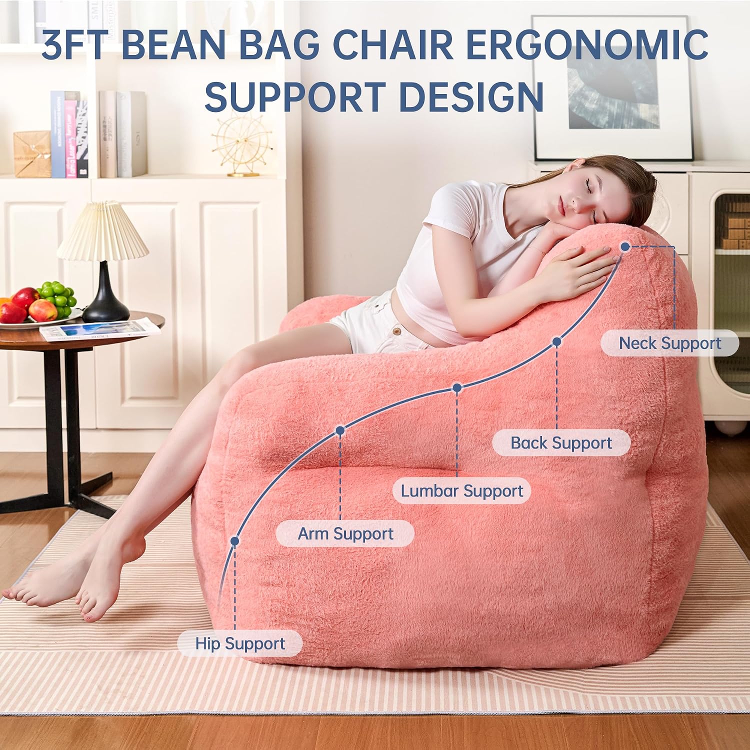 Cvortll 37' Bean Bag Chairs Large Bean Bag Couch for Adults Stuffed Sofa Chair Comfy Giant Bean Bag Chair - Plush Faux Fur Cover, for Reading, Playing or Relaxing (Pink)