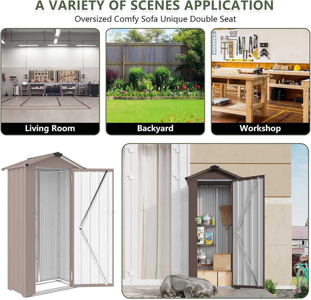 Outdoor Storage Shed, Metal Garden Tool Shed with a Solid Lock System, Outdoor Door Storage Cabinet for Patio, Garage, Poolside, Bikes, and Garden (Brown)