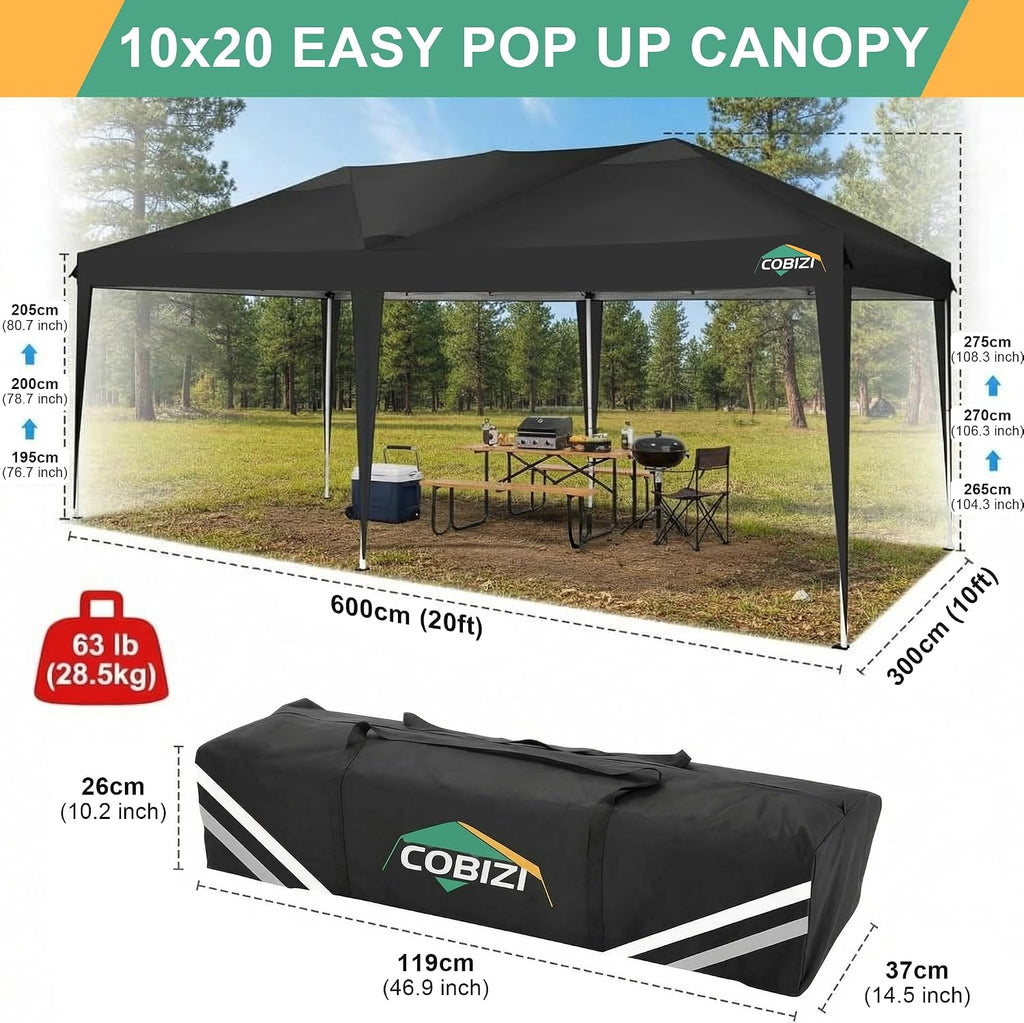 COBIZI 10x20 Pop Up Canopy Tent Commercial Instant Shelter with 6 Sidewalls, Durable Waterproof Portable Gazebo UPF 50+ for Outdoor Party, Wedding, Vendor Events (Black)