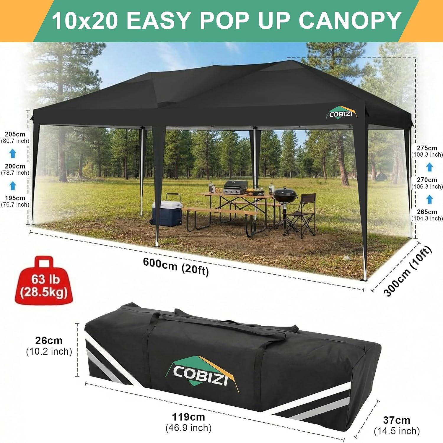 COBIZI 10x20 Pop Up Canopy Tent Commercial Instant Shelter with 6 Sidewalls, Durable Waterproof Portable Gazebo UPF 50+ for Outdoor Party, Wedding, Vendor Events (Black)