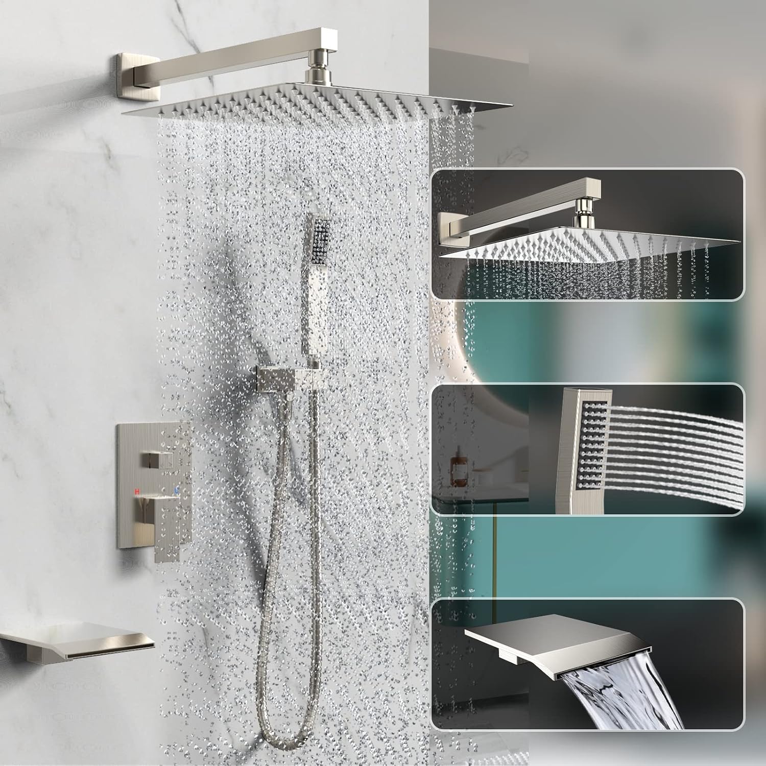 Shower System Rain Shower Faucet Set with Tub Spout,10 inch Bathroom Wall Mounted Waterfall Bathtub Faucet with Handheld Spray and Rough-in Valve Body and Trim kit,Brushed Nickel