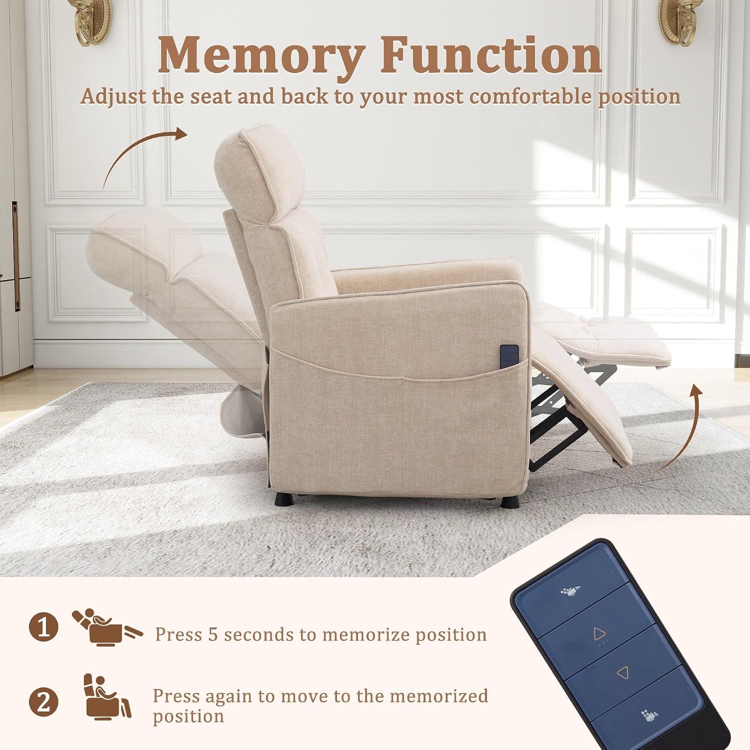 Korser Power Recliner Chair, Modern Electric Recliner Chairs for Adults, Comfy Recliners for Living Room, Cashmere Reclining Chair with Side Pockets & One-Touch Adjustment for Bedroom, Lounge, Khaki