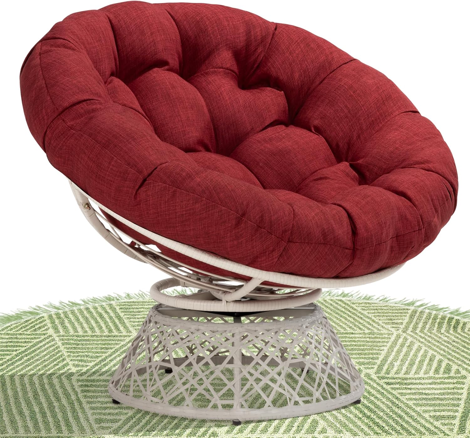 Bme 40' Ergonomic Wicker Papasan Chair with Soft Thick Density Fabric Cushion, High Capacity Steel Frame, 360 Degree Swivel for Living, Bedroom, Reading Room, Lounge, Cherry Sangria - White Base
