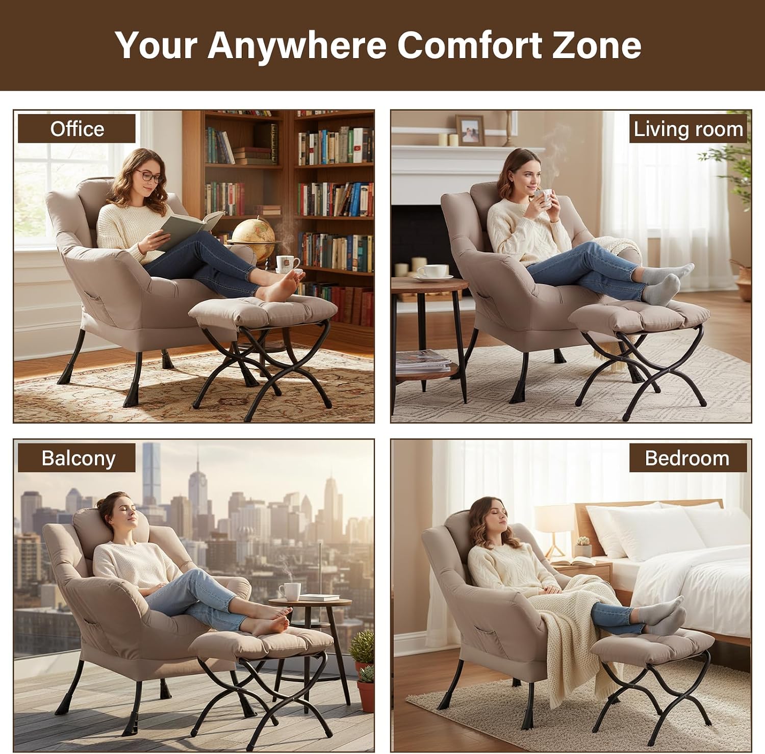 Welnow Lazy Chair with Ottoman, Modern Reading Accent Chair with Armrests and a Side Pocket, Leisure Upholstered Lazy Sofa Set with Footrest for Small Space, Khaki