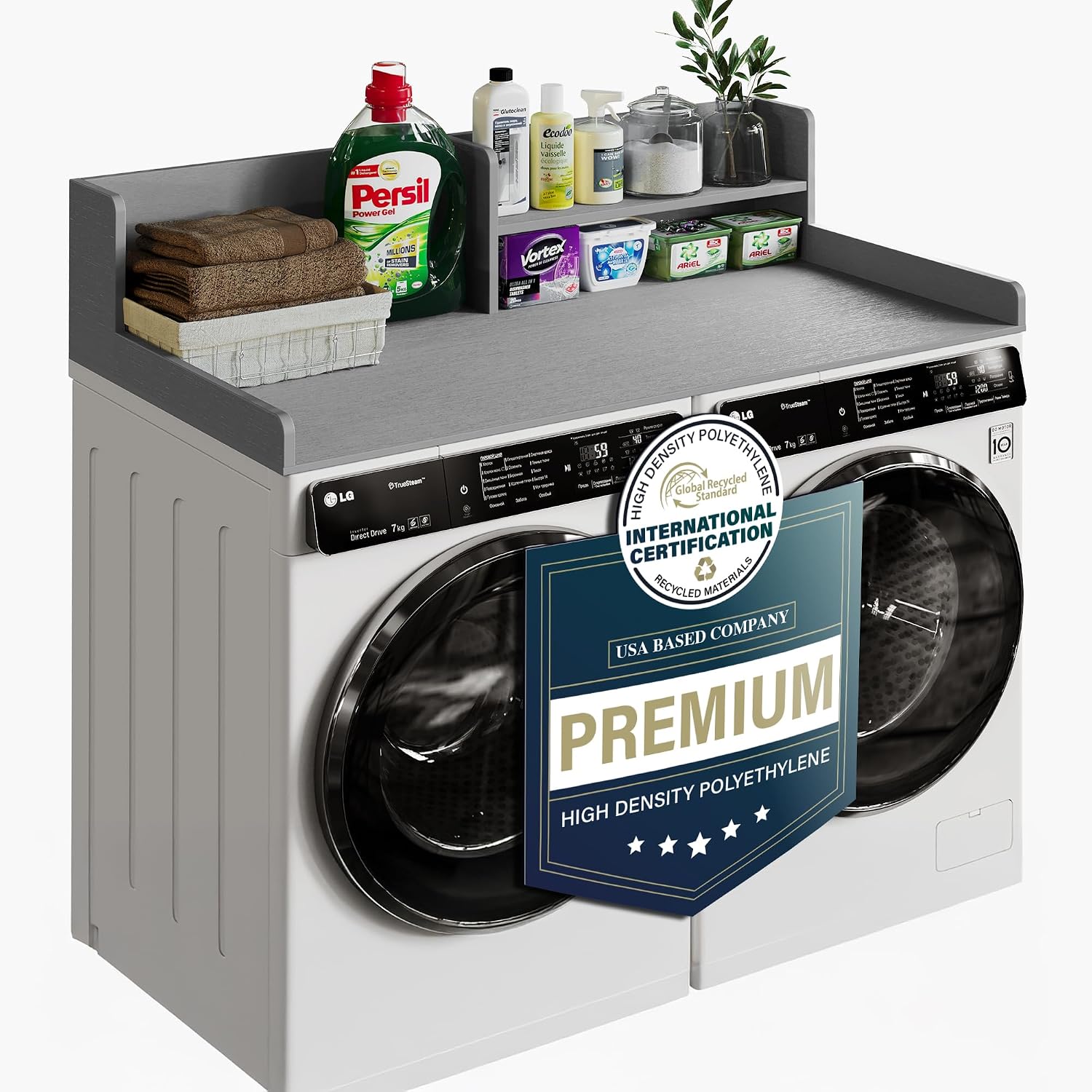 Premium HDPE Washer Dryer countertop with Shelf 54'x27.5' – Waterproof Washer Dryer Topper for Laundry Room Organization, Washer Dryer Countertop for Folding Clothes, Sorting & Storage， Grey