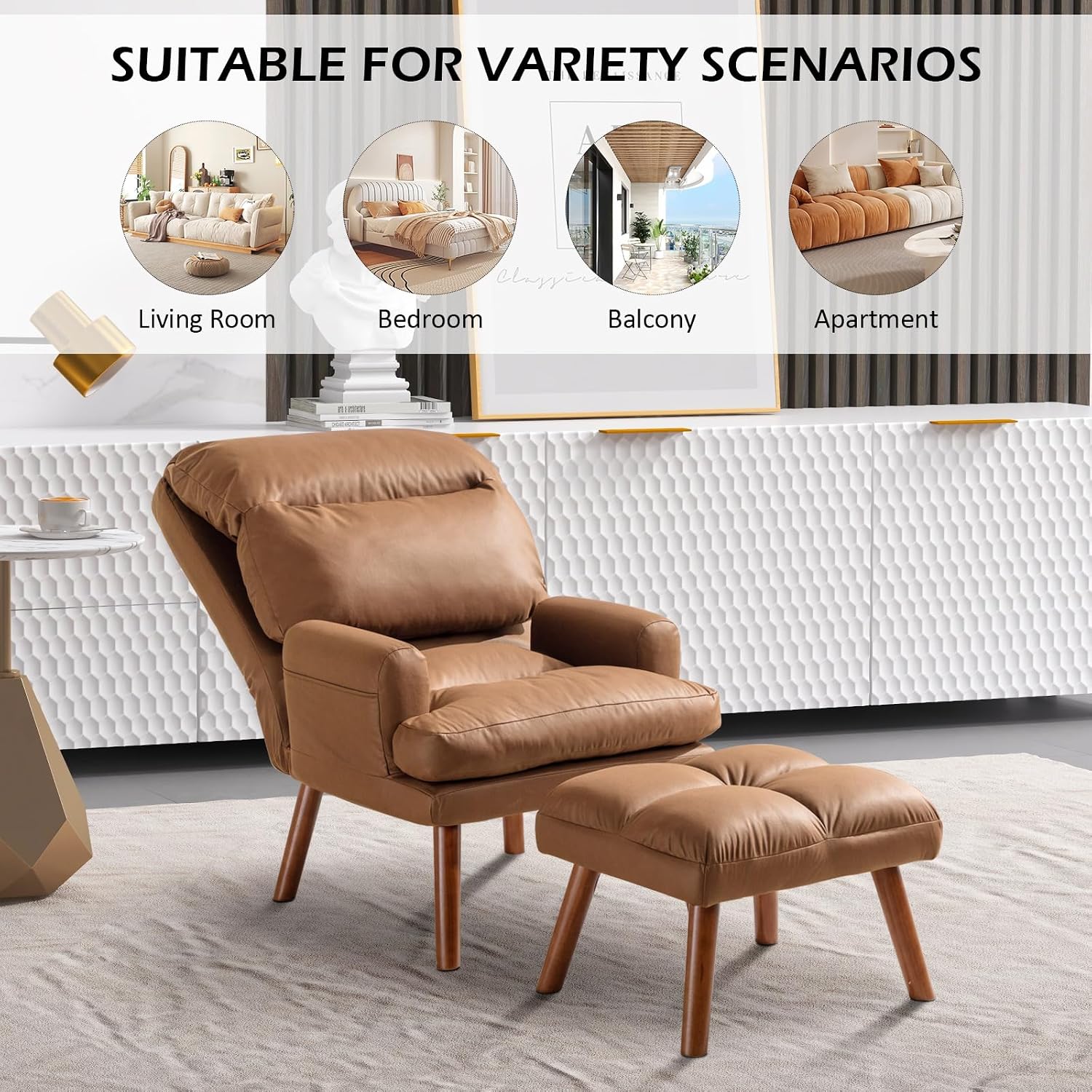 CANMOV Modern Accent Chair with Ottoman, Soft Fabric Armchair with Adjustable Backrest and Side Pockets, Comfy Lounge Chair for Living Room, Bedroom, Apartment, Office, Camel