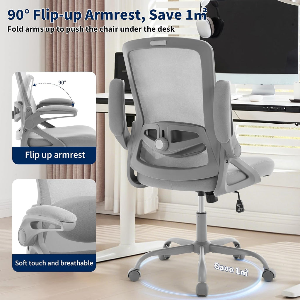 Ergonomic Office Chair, Desk Chair with Adjustable Lumbar Support, Breathable Mesh Comfy Computer Chairs with Flip-up Armrests Executive Task Chair for Adults Home Office (Gray)