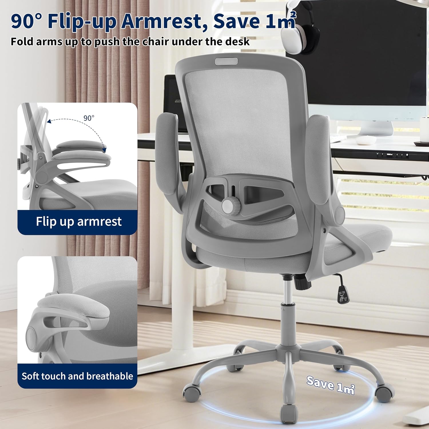 Ergonomic Office Chair, Desk Chair with Adjustable Lumbar Support, Breathable Mesh Comfy Computer Chairs with Flip-up Armrests Executive Task Chair for Adults Home Office (Gray)