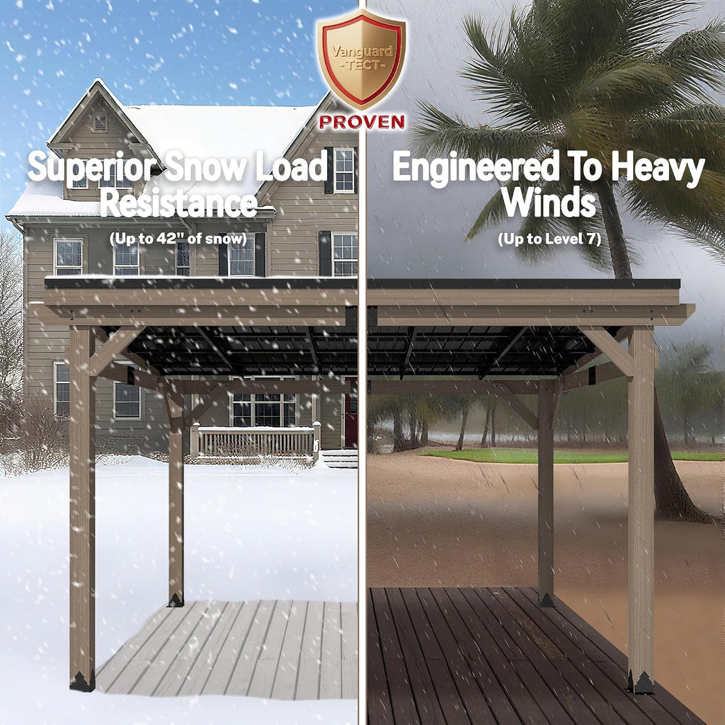 10x12FT Wall Mounted Gazebo Ceder Wood Lean to Gazebo with Sloping Roof Outdoor Hardtop Pergola Awnings with Galvanized Steel Roof for Patio, Deck, Backyard