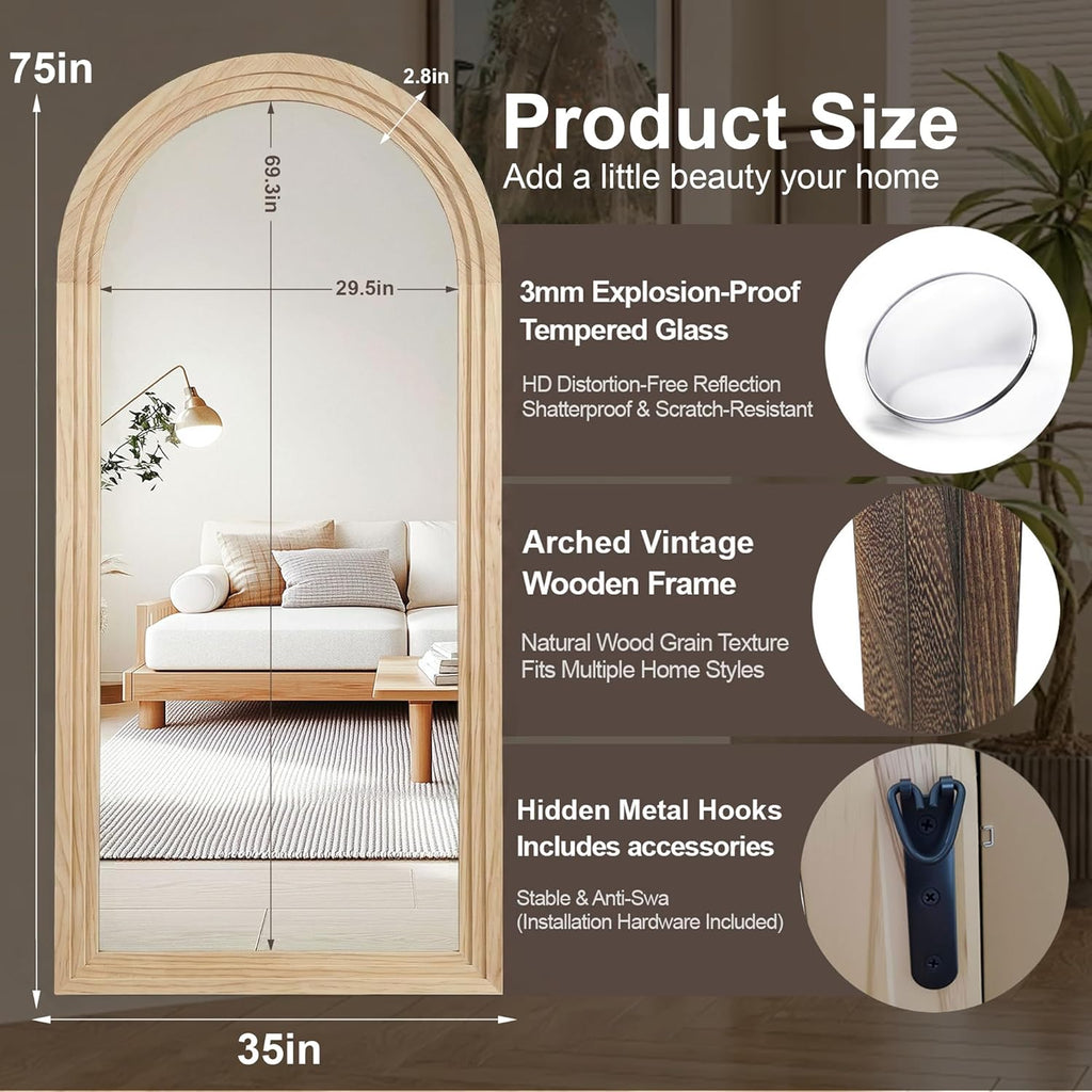 Delma Arched Full Length Floor Mirror with Stand, 75x35 Rustic Farmhouse Solid Wood Frame Wall Mirror for Bedroom, Living Room, Vertical Hanging & Standing(Natural)