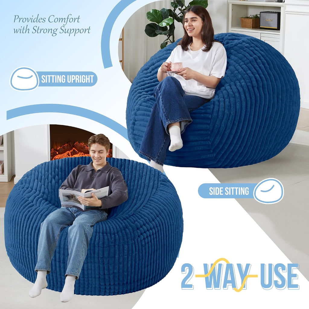 Homguava 5 FT Bean Bag Chair,5' Big Bean Bag,Giant Bean Bag Chairs for Adults with Memory Foam Filled,Comfy Large Beanbag Chairs Soft Bean Bag Sofa with Dutch Corded Plush Cover-Blue