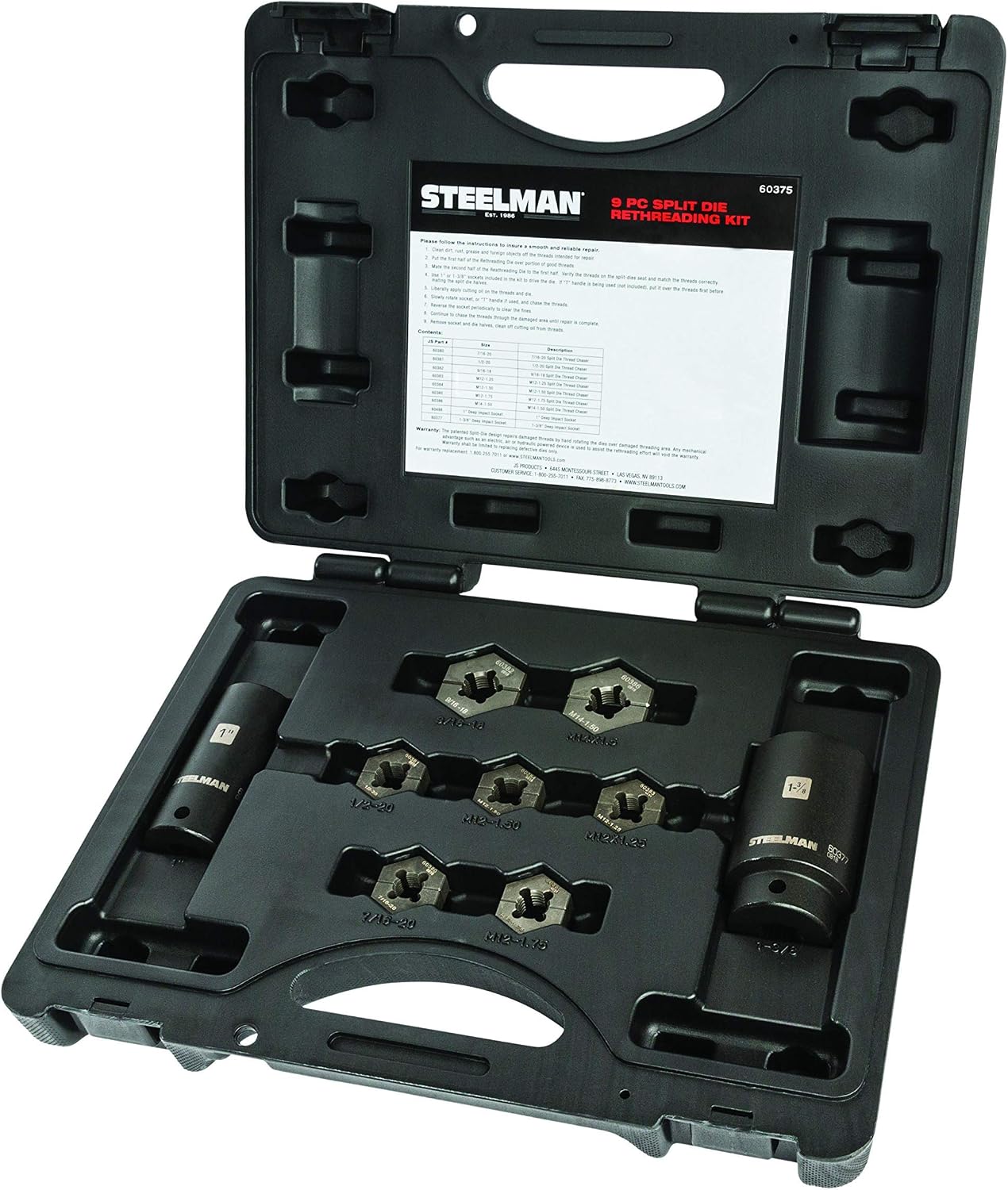 Steelman 9-Piece Split Die Wheel Stud Repair/Rethreading Kit, Indexing Pins, Steel, Repairs Threads on Wheel Studs and Bolts, Two Sockets Included