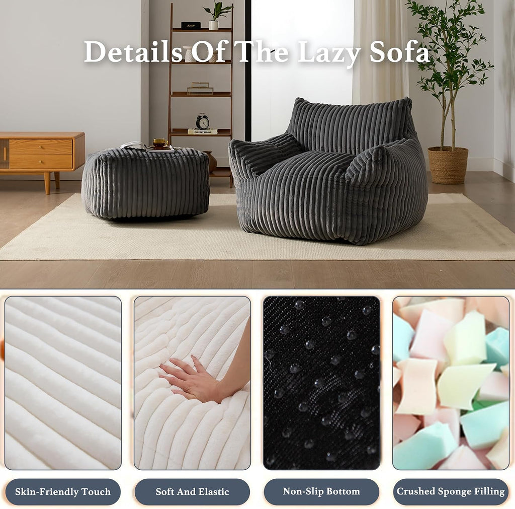 Gericco Oversized Bean Bag Chaise Lounge Chair Indoor for Adults with Armrests & Ottoman - Giant Comfy Gray Beanbag Floor Sofa Cloud Accent Chair for Reading, Gaming, Cozy Plush Cloud Mini Couch