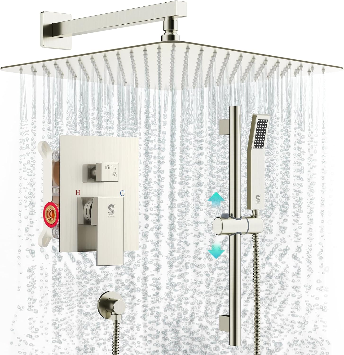 SR SUN RISE 12 Inch Square Shower System, Rain Shower Head and Slide Bar Handheld Shower Faucet Wall Mounted Combo Set Included Valve and Trim Kit for Bathroom, Brushed Nickel
