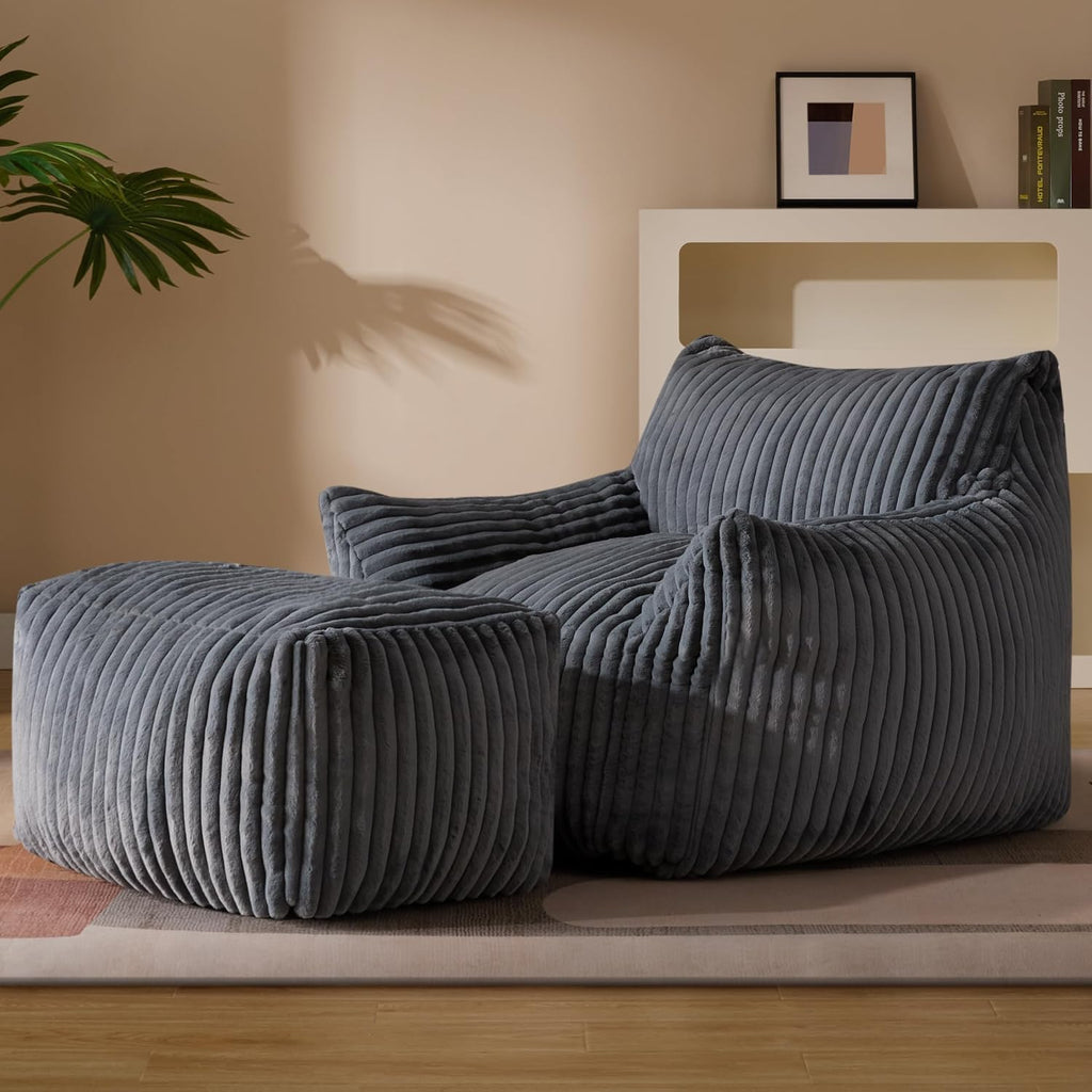 Gericco Oversized Bean Bag Chaise Lounge Chair Indoor for Adults with Armrests & Ottoman - Giant Comfy Gray Beanbag Floor Sofa Cloud Accent Chair for Reading, Gaming, Cozy Plush Cloud Mini Couch