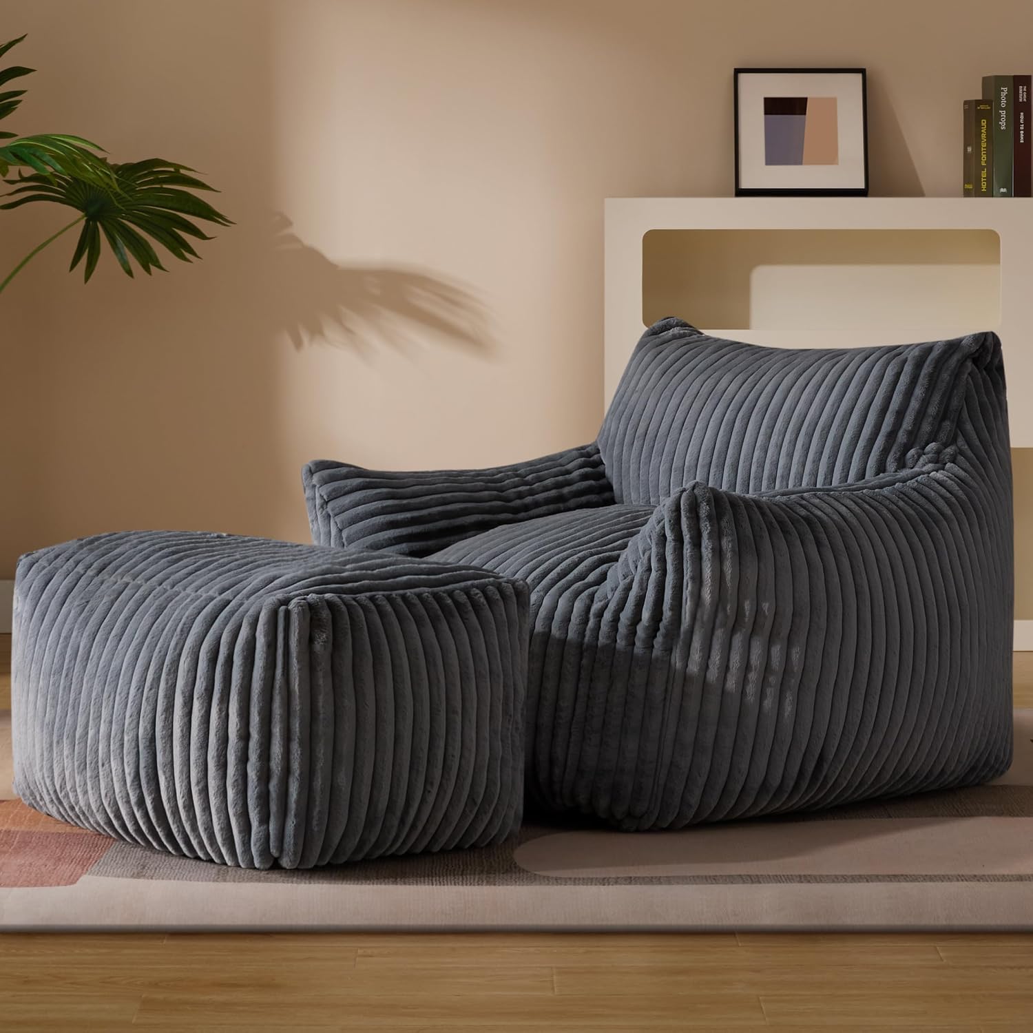 Gericco Oversized Bean Bag Chaise Lounge Chair Indoor for Adults with Armrests & Ottoman - Giant Comfy Gray Beanbag Floor Sofa Cloud Accent Chair for Reading, Gaming, Cozy Plush Cloud Mini Couch