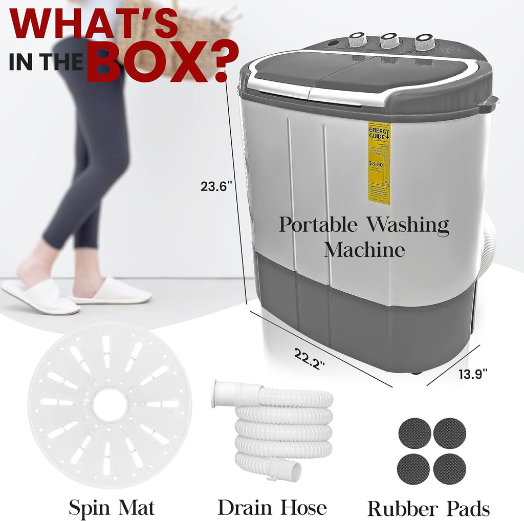 Pyle Portable Washing Machine - Twin Tub 11Lbs Capacity, Compact Mini Laundry Washer (7.7 Lbs) & Spinner (3.3 Lbs) with Timer Control - Perfect for Home, Apartment, Camping, RVs and Dorms (Grey)