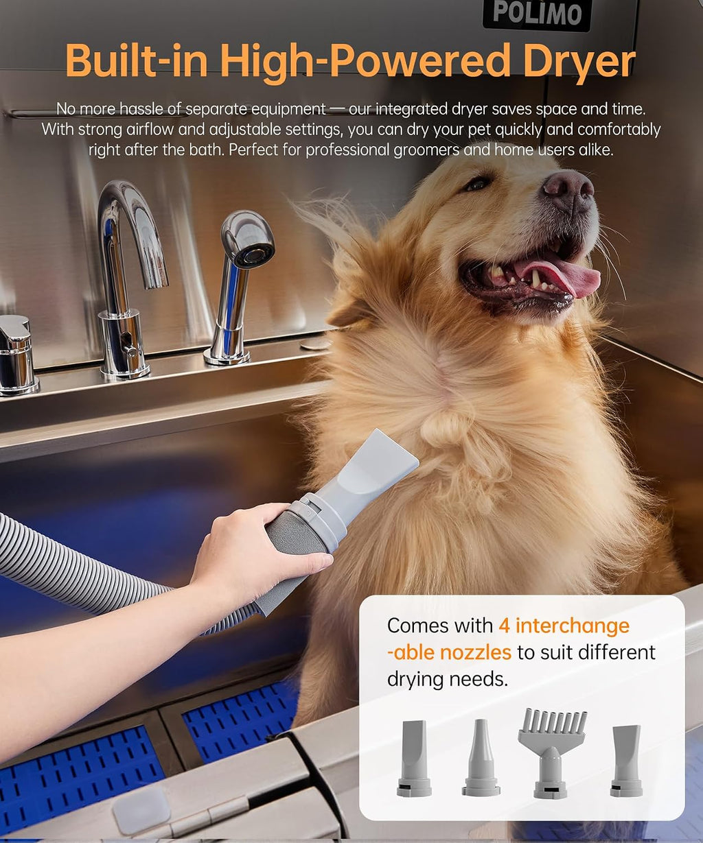 POLIMO Dog Washing Station with Built-in Pet Dryer and LED Display 61' (Left Ramp), 304 Stainless Steel Dog Bathtub for Large Medium Small Dogs, Wash and Dry Grooming Tub with Faucet, Storage Drawer