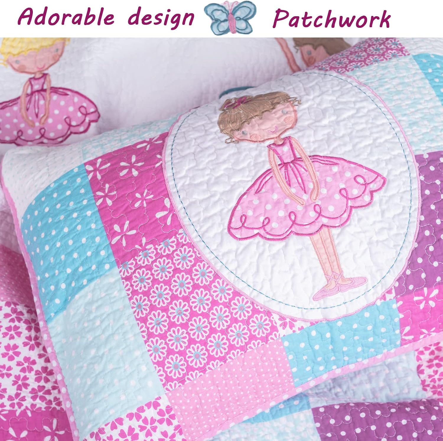 Cozy Line Home Fashions 7 Piece Twin Size 100% Cotton Pink Girl Reversible Bedding Quilt Set, Bedspread Coverlet for All Seasons (Ballerina Dance Princess, Twin - 7 Piece)