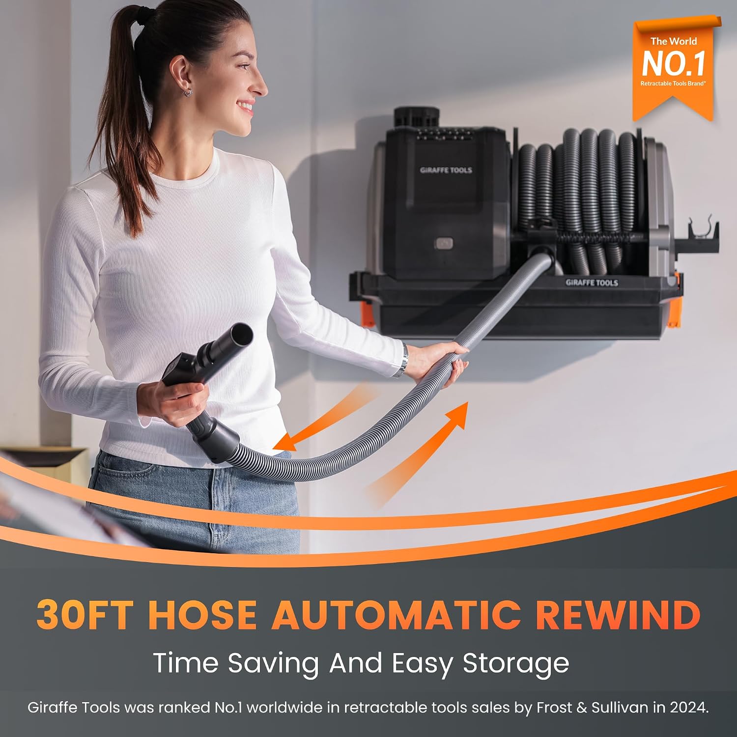 Giraffe Tools Vacuum Cleaner with 30 FT Retractable Hose, Grandstorm Wet Dry Wall Mounted Vacuum Cleaner with 6 Nozzles for Car Detailing Normal Version, Grey （No Remote Control Funtion）