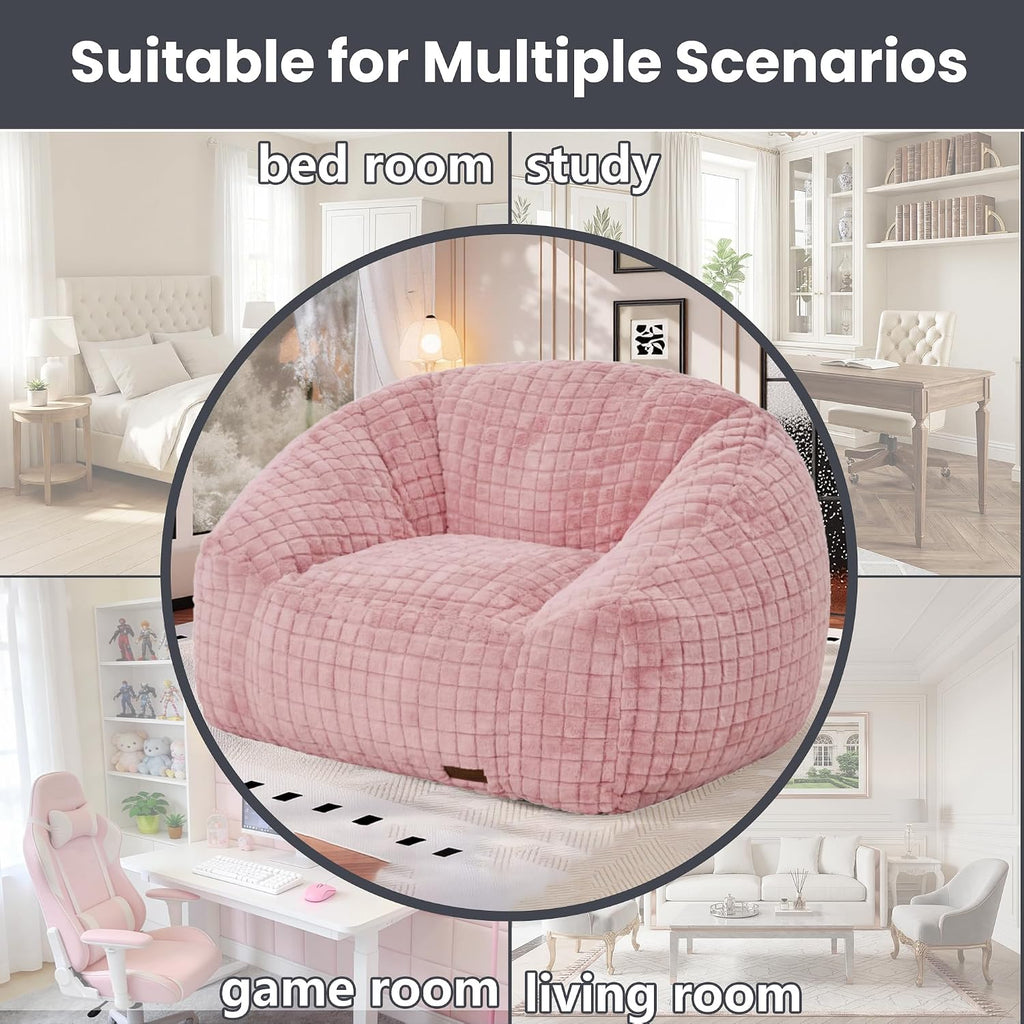 Bean Bag Chairs for Adults, Giant Beanbag Sofa Comfy Reading Chair, Oversized Bean Bag Chairs for Living Room Bedroom, Soft Faux Fur Fabric, 3.2FT, Pink, Checkered