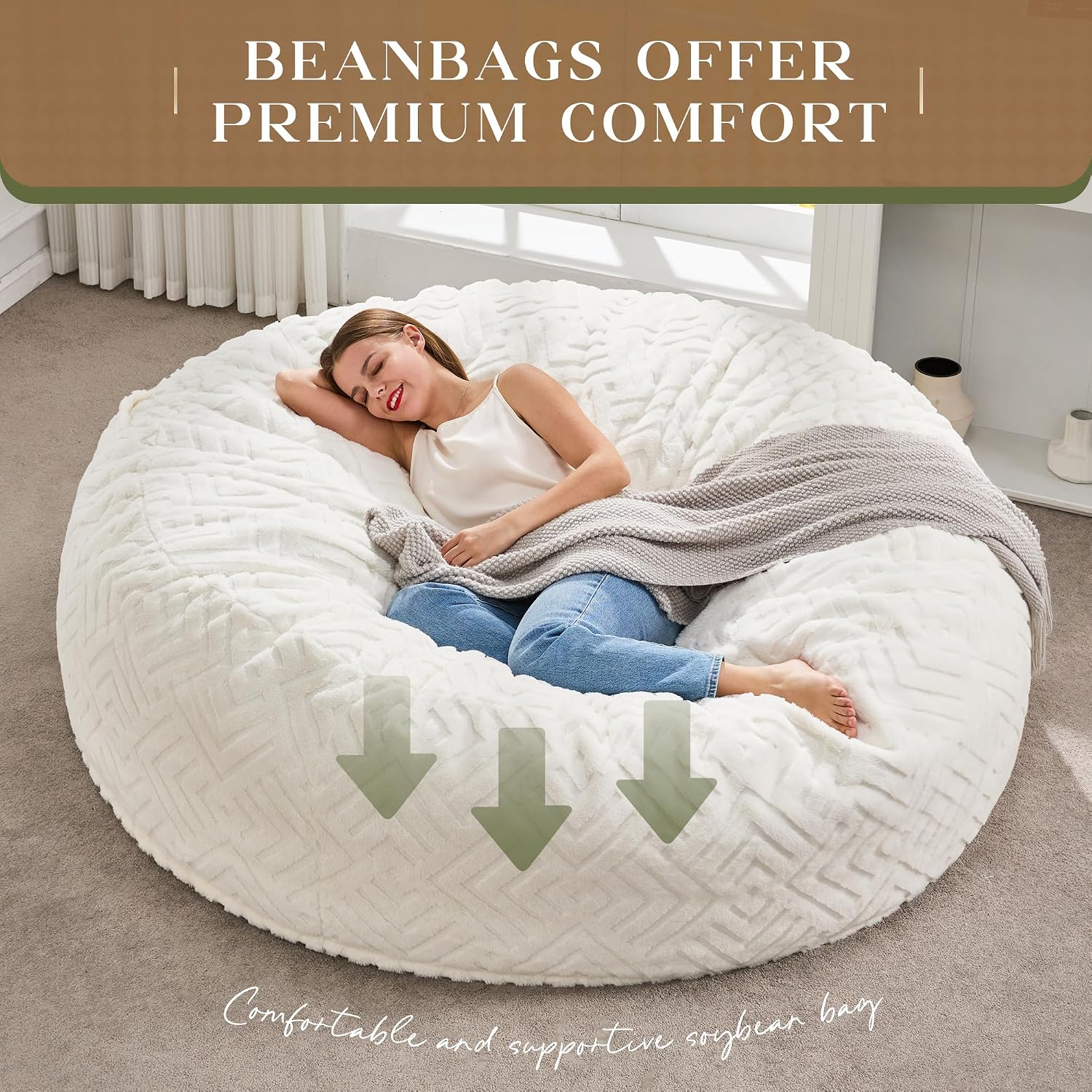Hobestluk Bean Bag Chairs Adults Beanbag Chair with Filler Large Bean Bags with Fluffy Embossed Cover, Giant Bean Bag Chairs for Adults (White, 6FT - 70' x 70' x 15')