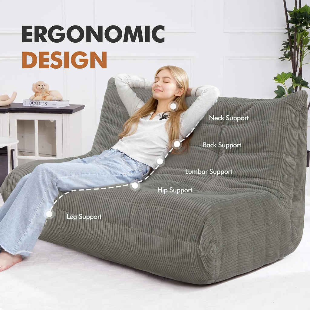 Bean Bag Chair,Giant Beanbag Chairs for Adults,Comfy Large Fireside Chair Lazy Sofa,Corduroy Bean Bag Lounger with Memory Foam Filled,Floor Sofa Couch for Living Room (Light Grey, Loveseat)