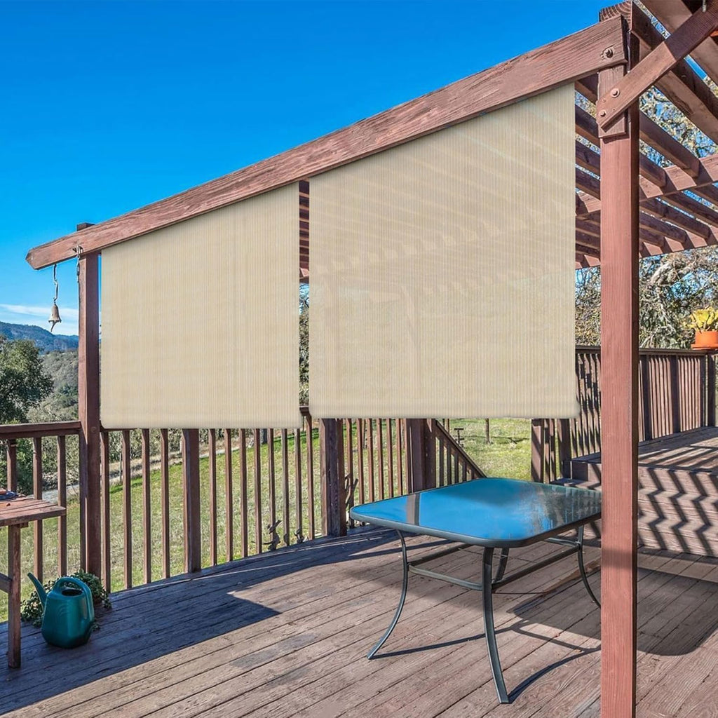 Windscreen4less Outdoor Shade Blinds Patio Roll Up Blackout Shades Exterior Roller Privacy Screen for Pergola Balcony Porch Carport Deck Window, 8' W x 10' L Beige